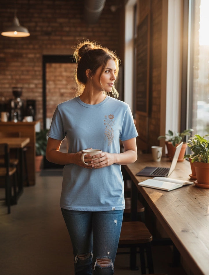 JSD Apparel light blue Comfort Colors unisex tee with floral skeleton chest graphic worn by a woman in a cafe