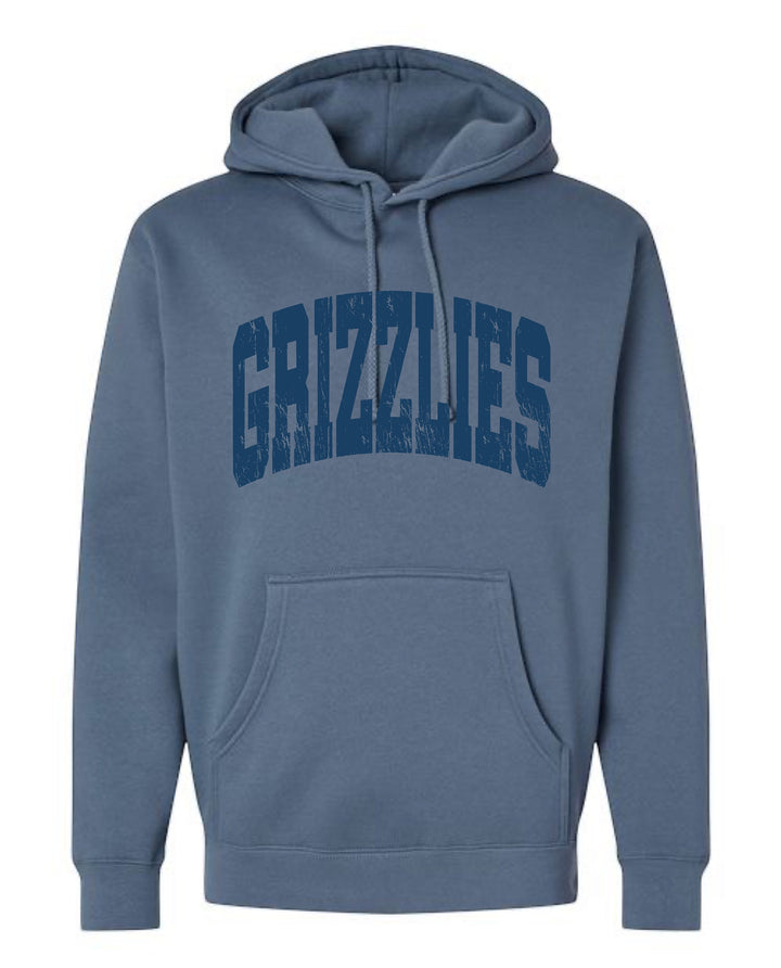 JSD Apparel blue heavyweight fleece hoodie with distressed collegiate Grizzlies arch graphic and front pouch pocket.