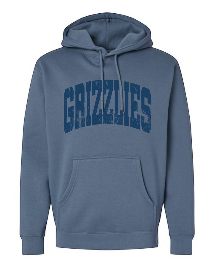 JSD Apparel blue heavyweight fleece hoodie with distressed collegiate Grizzlies arch graphic and front pouch pocket.