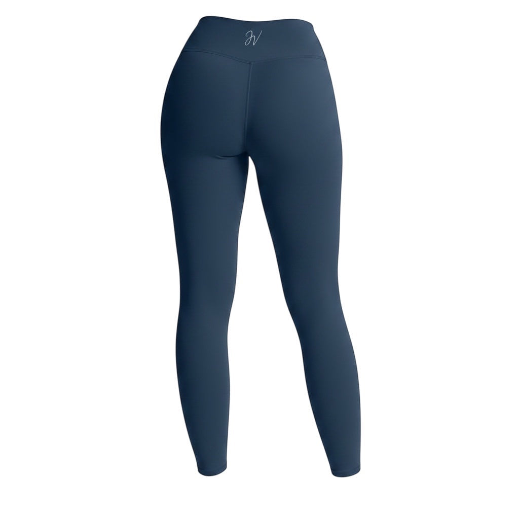 JSD Apparel blueberry high-waisted leggings with a glute-contouring back seam and logo detail on a white background.