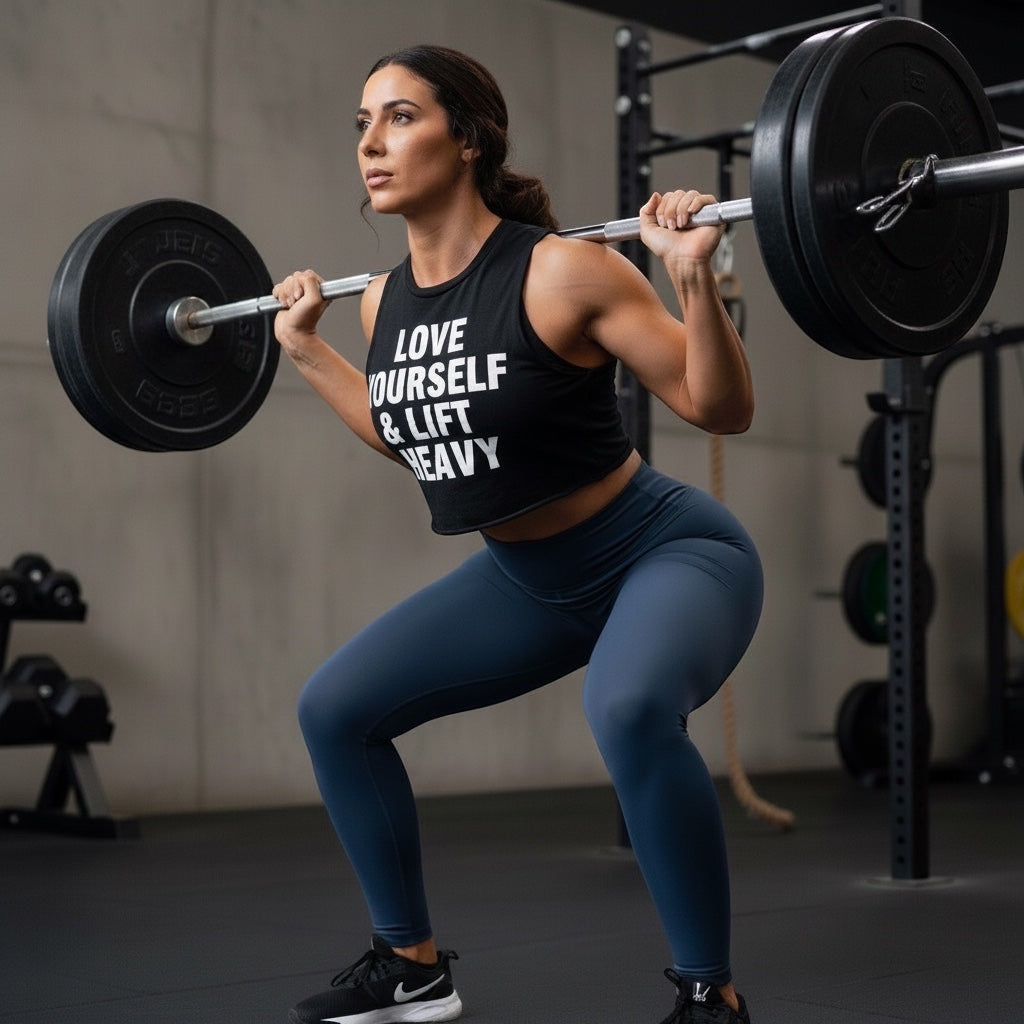 JSD Apparel blueberry high-waisted pocket leggings on a woman performing a barbell squat in a gym