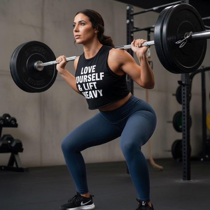JSD Apparel blueberry high-waisted pocket leggings on a woman performing a barbell squat in a gym