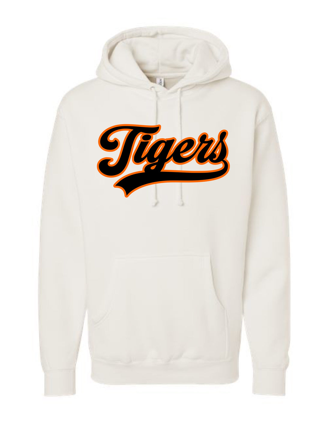 JSD Apparel bone heavyweight hoodie featuring a black and orange script Tigers graphic on the chest.