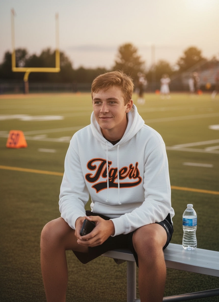 JSD Apparel bone heavyweight hoodie with Tigers script graphic worn by a young man on a football field bench