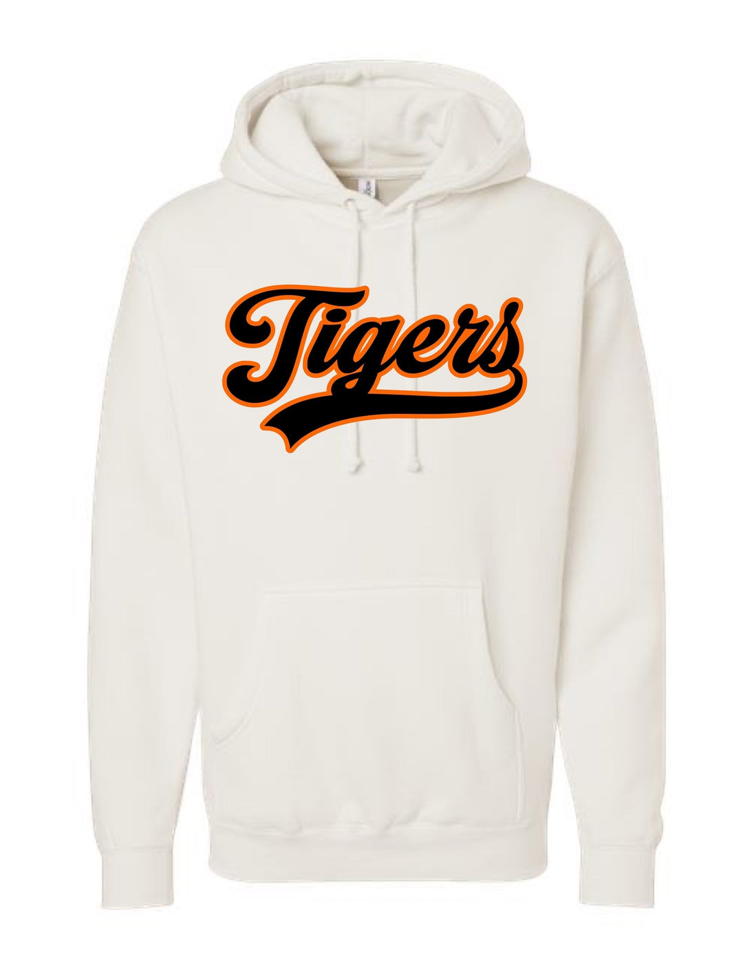 JSD Apparel bone heavyweight hoodie featuring a black and orange Tigers script graphic on the chest.