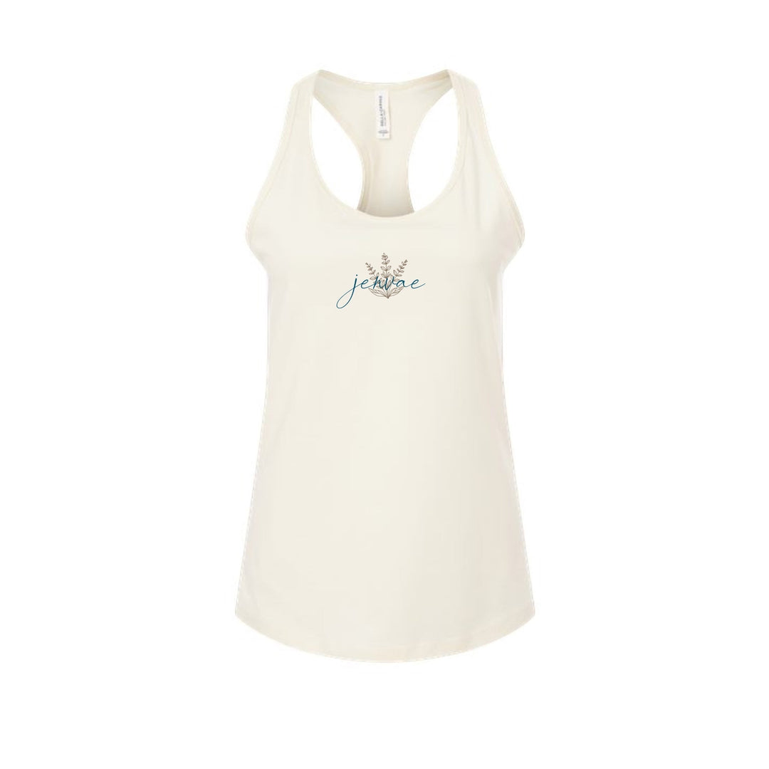 JSD Apparel Bone White Jenvae Botanical Racerback Tank with floral logo design. Lightweight cotton blend.