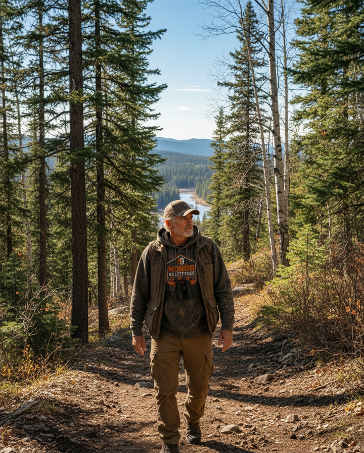 JSD Apparel Nordr Idaho Ridge camo hoodie worn by a man hiking on a forest trail with mountain scenery in background