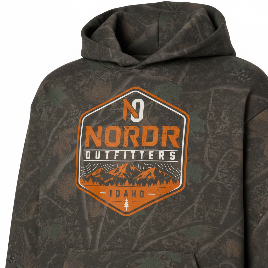 JSD Apparel Nordr Idaho Ridge camo hoodie featuring an orange and cream mountain badge graphic on woodland print