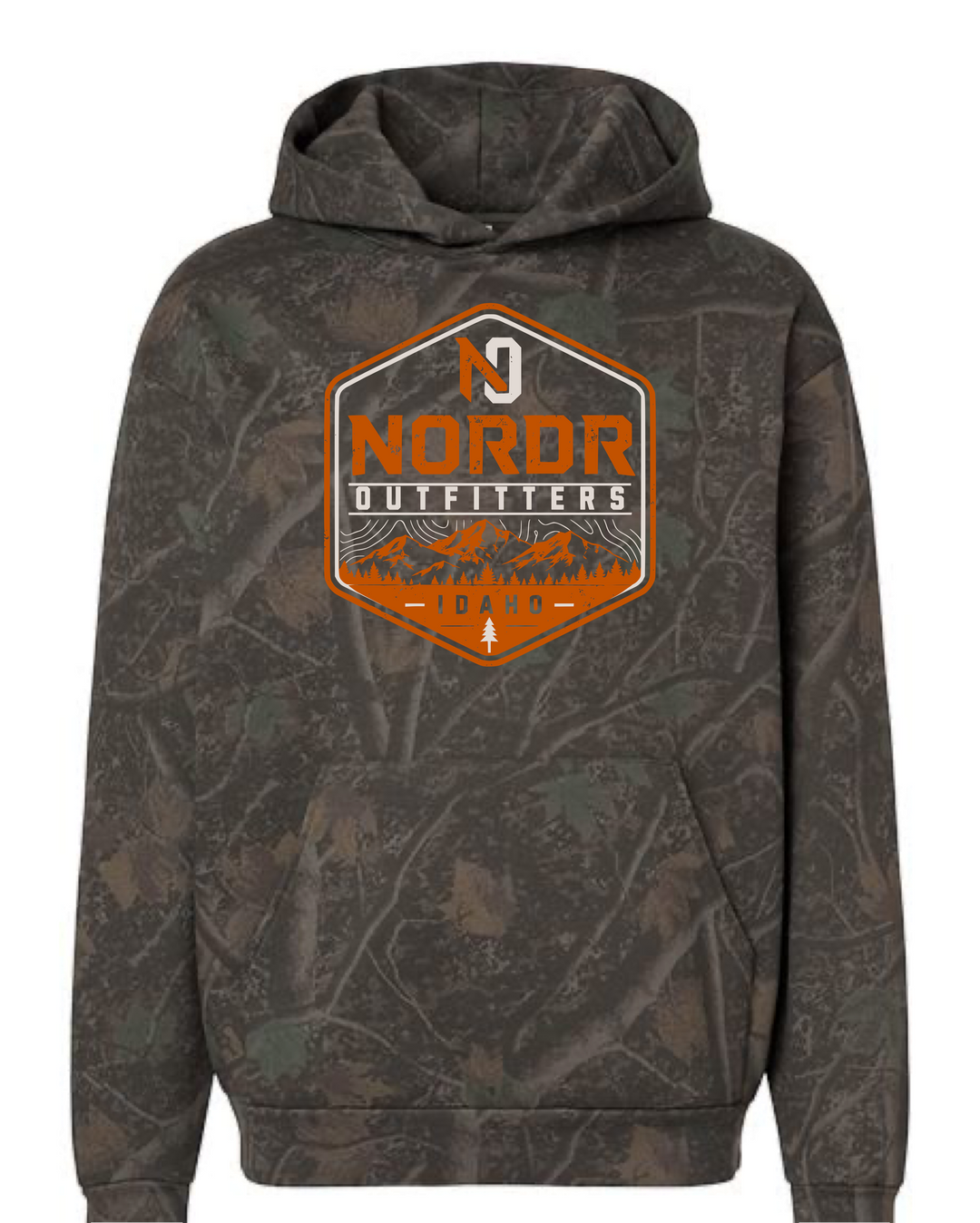 JSD Apparel woodland camo pullover hoodie with an orange and cream Nordr Outfitters Idaho mountain badge graphic