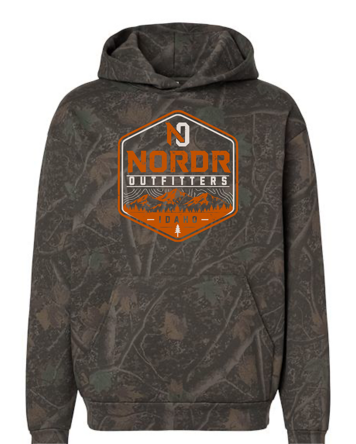 JSD Apparel woodland camo pullover hoodie with orange and cream Nordr Outfitters Idaho mountain badge graphic