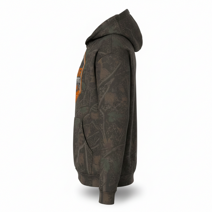 JSD Apparel Nordr Idaho Ridge camo pullover hoodie with orange and cream graphic, side view