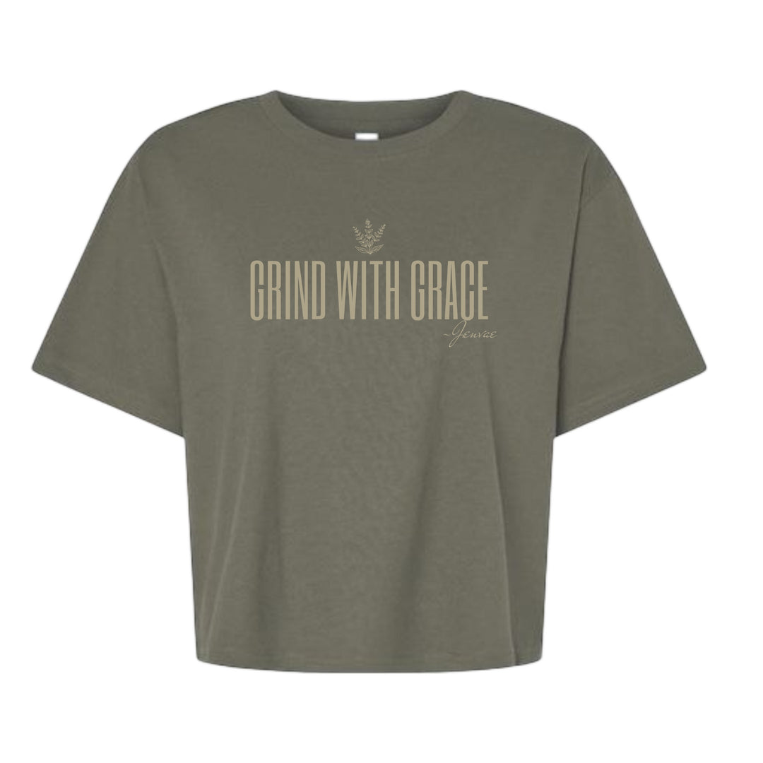 JSD Apparel charcoal cropped tee with Grind With Grace text and sage sprig graphic in a relaxed boxy fit