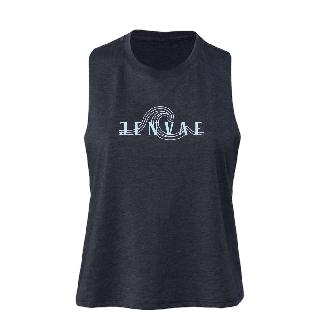 JSD Apparel deep charcoal heather cropped muscle tank with a white Jenvae wave logo graphic on the front.