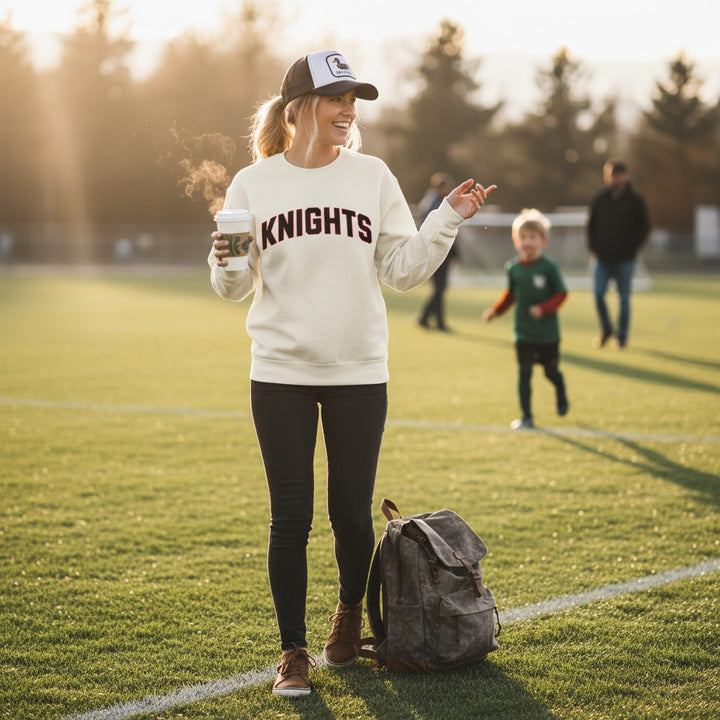 JSD Apparel cream crewneck sweatshirt with KNIGHTS lettering worn by a woman holding a coffee on a sports field