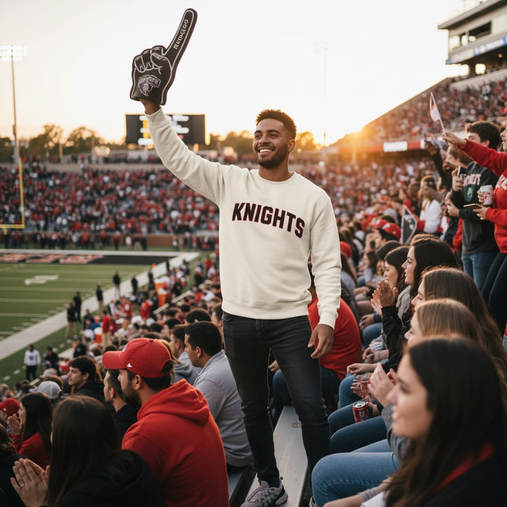 JSD Apparel cream crewneck sweatshirt with KNIGHTS lettering worn by a man cheering at a crowded football stadium.