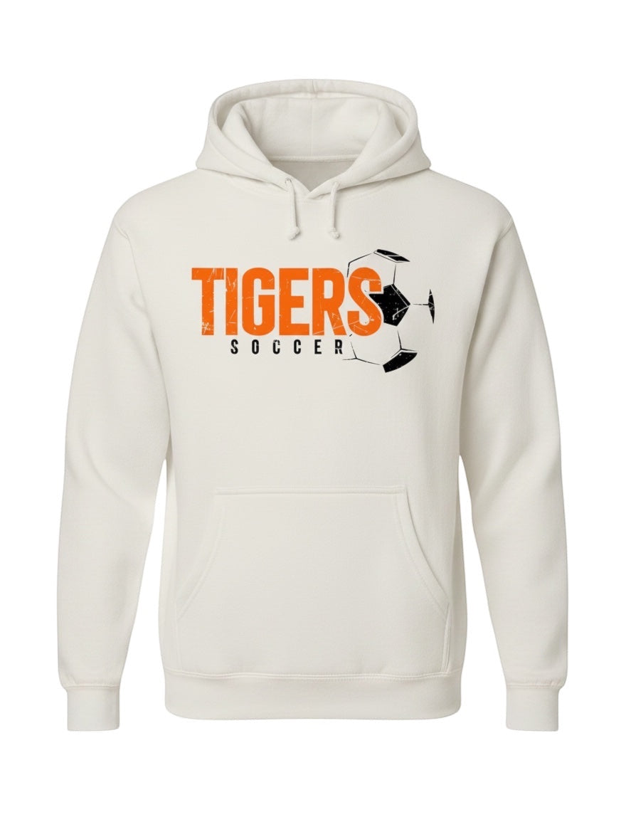 JSD Apparel heavyweight fleece hoodie in cream with a distressed orange TIGERS soccer graphic and kangaroo pocket.