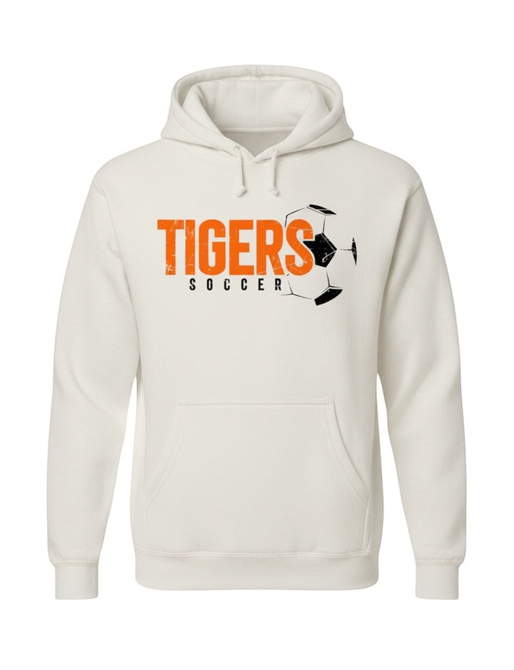 JSD Apparel heavyweight fleece hoodie in cream with a distressed orange TIGERS soccer graphic and kangaroo pocket.