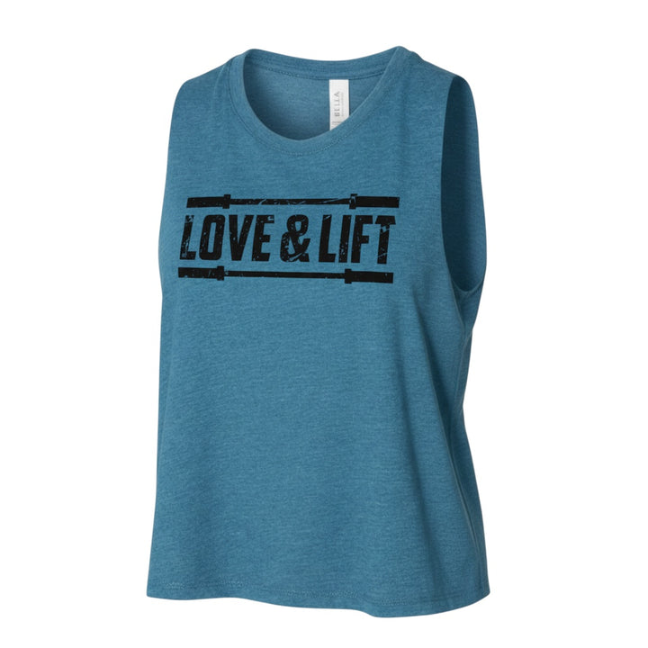 JSD Apparel blue heathered cropped tank top with distressed "Love &amp; Lift" graphic and barbell accents. Relaxed fit, breathable fabric.