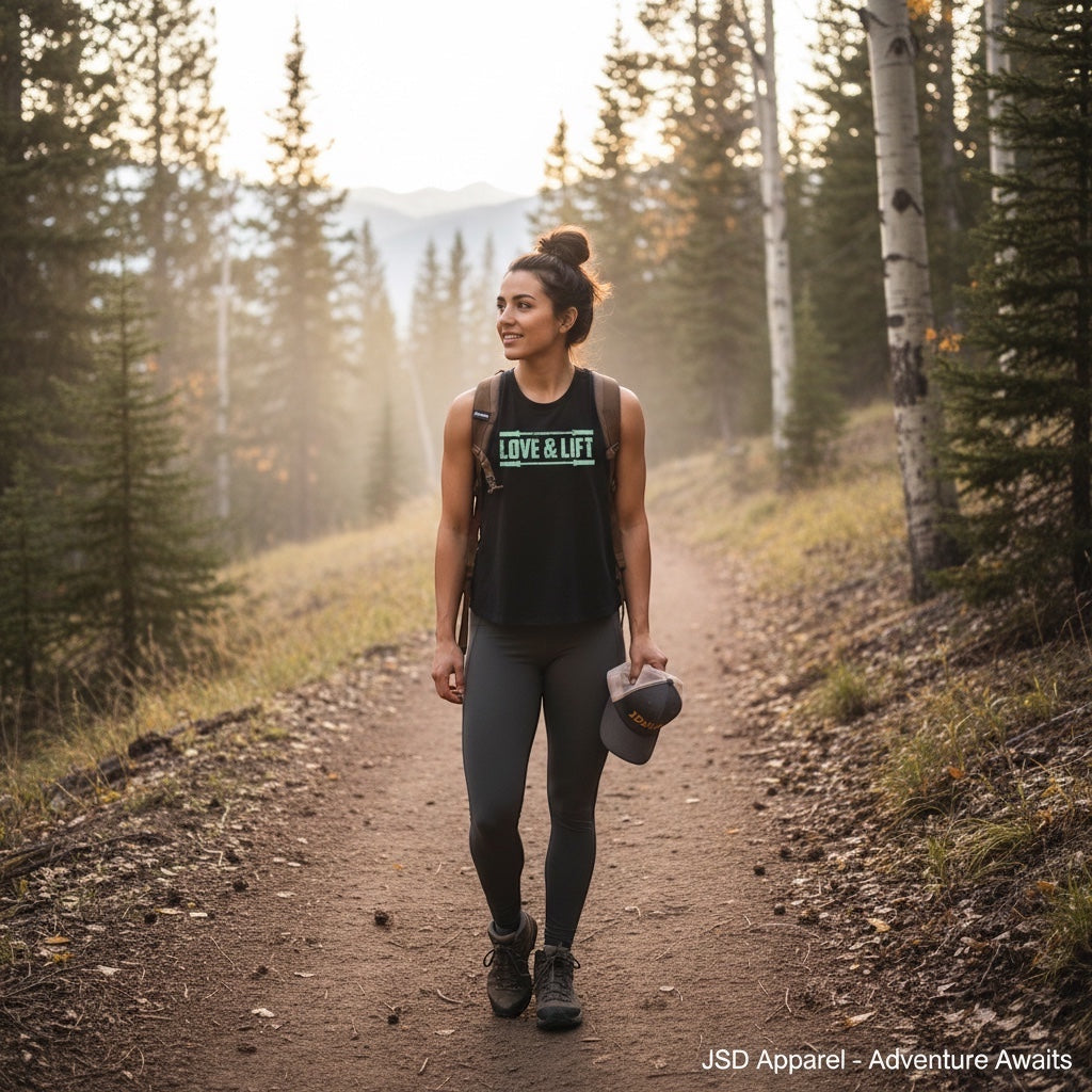 JSD Apparel black cropped tank top with distressed mint green "Love &amp; Lift" graphic and barbell accents. Relaxed fit, soft fabric.