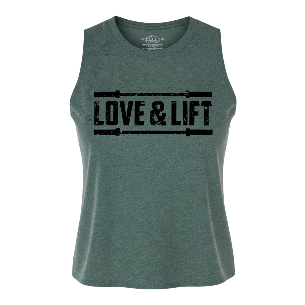 JSD Apparel green heathered cropped tank top with distressed "Love & Lift" barbell graphic. Relaxed fit, soft fabric.