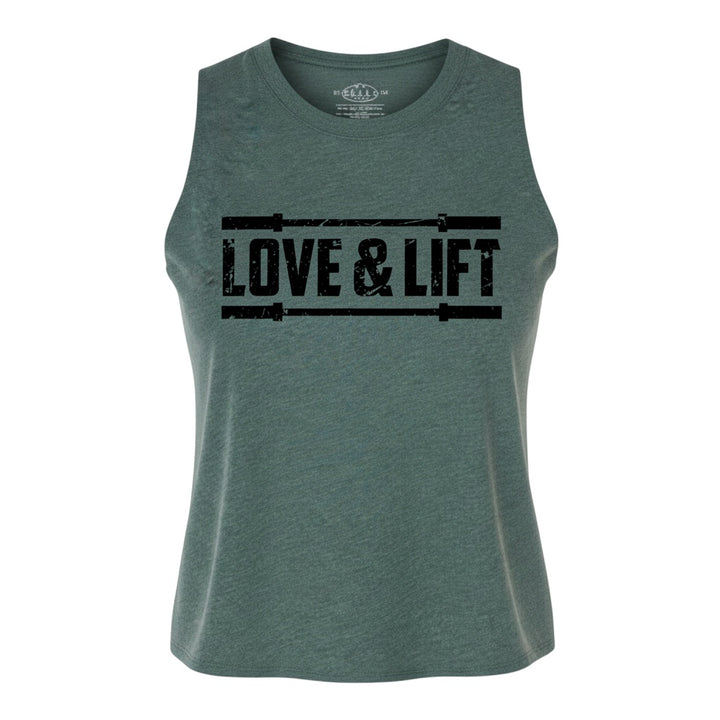 JSD Apparel green heathered cropped tank top with distressed "Love &amp; Lift" barbell graphic. Relaxed fit, soft fabric.
