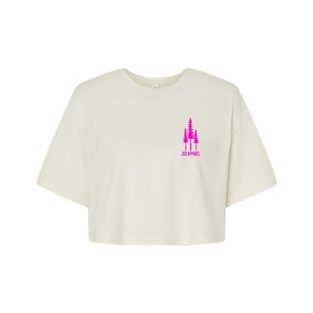 JSD Apparel cream cropped tee made of 100% cotton with a pink tree graphic and logo.