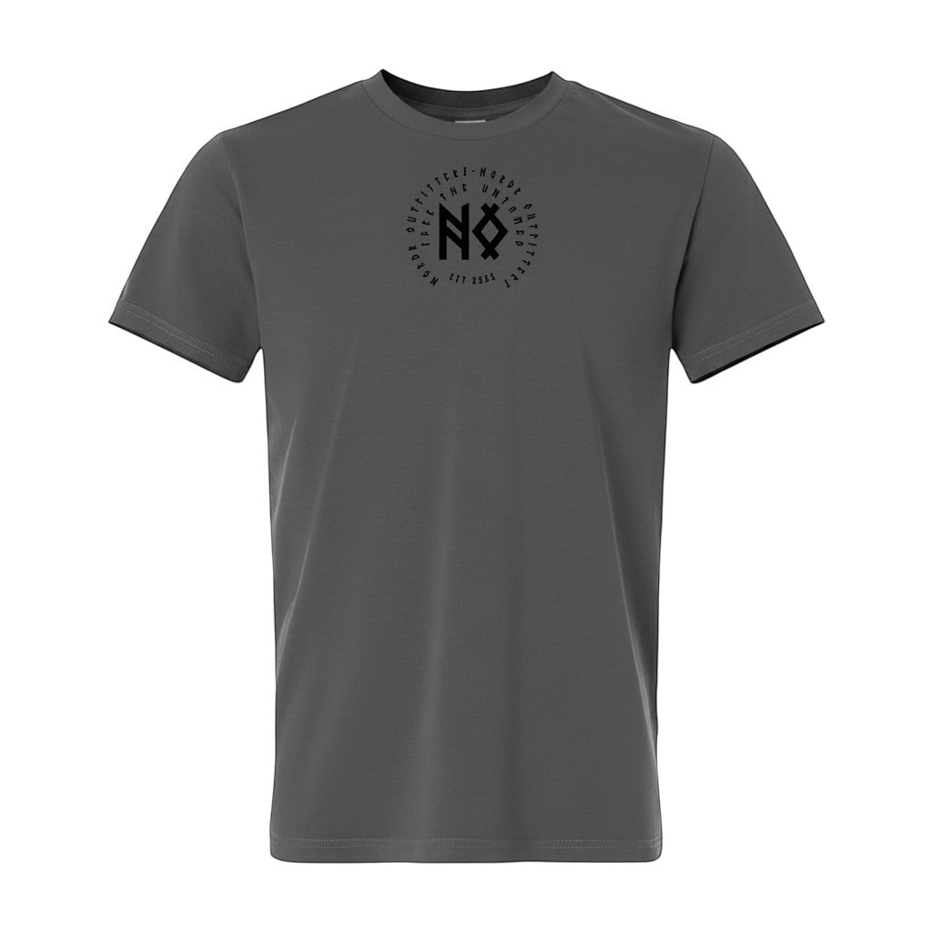 JSD Apparel dark grey short-sleeve unisex tee with a black circular logo on the chest and an elk graphic on the back.