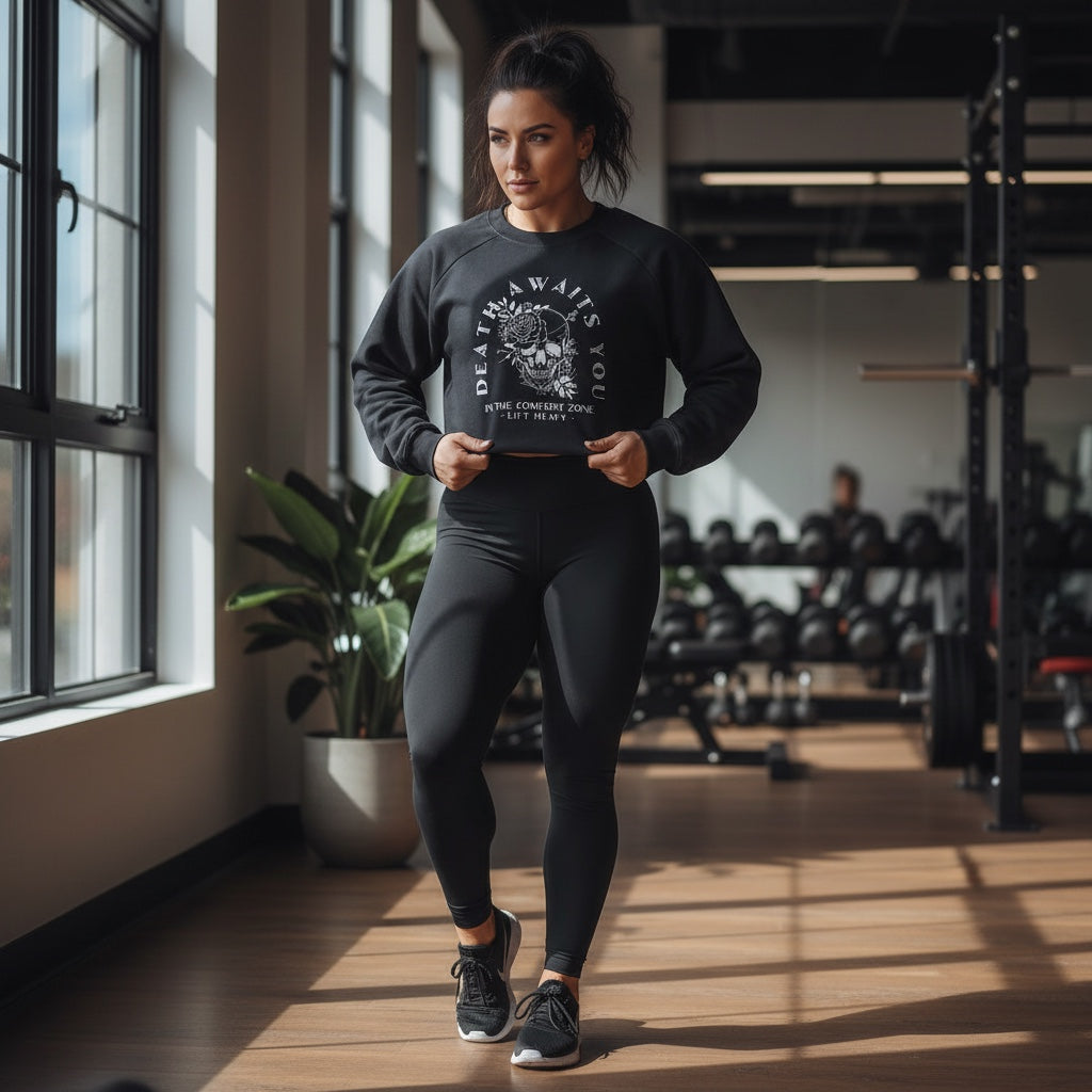 JSD Apparel black cropped fleece crewneck with Death Awaits You graphic worn by a woman in a gym setting.