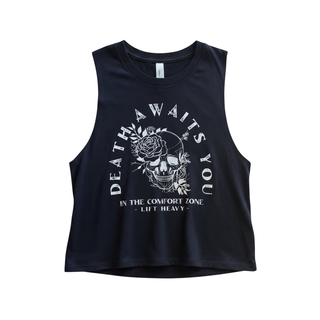 JSD Apparel black women's cropped tank top featuring a white skull and rose graphic with Death Awaits You text.