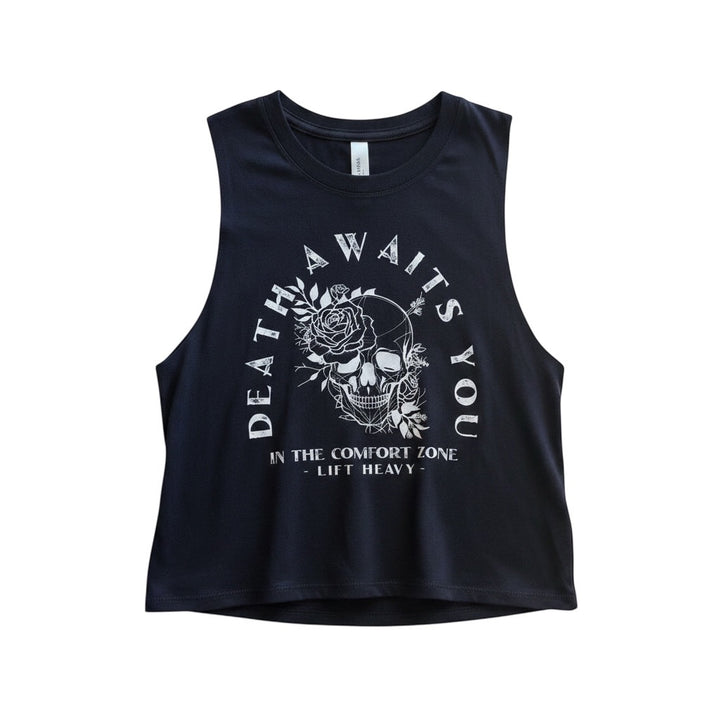 JSD Apparel black women's cropped tank top featuring a white skull and rose graphic with Death Awaits You text.