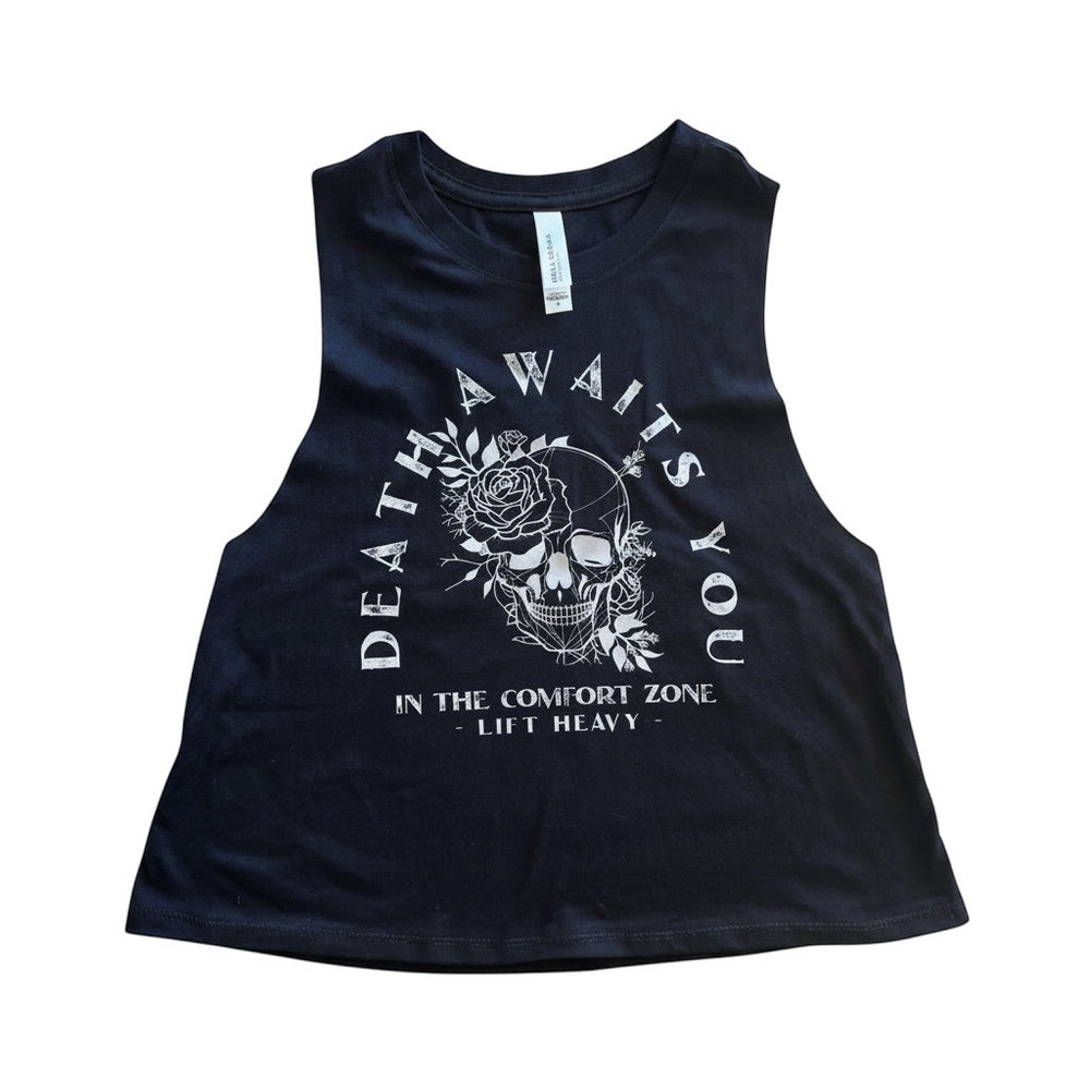 JSD Apparel black cropped tank top with white skull, rose, and Death Awaits You graphic for gym workouts.