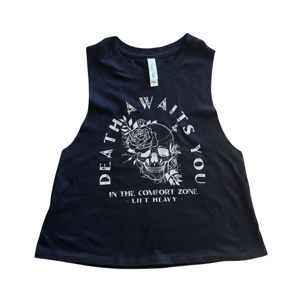 JSD Apparel black cropped tank top with white skull, rose, and Death Awaits You graphic for gym workouts.