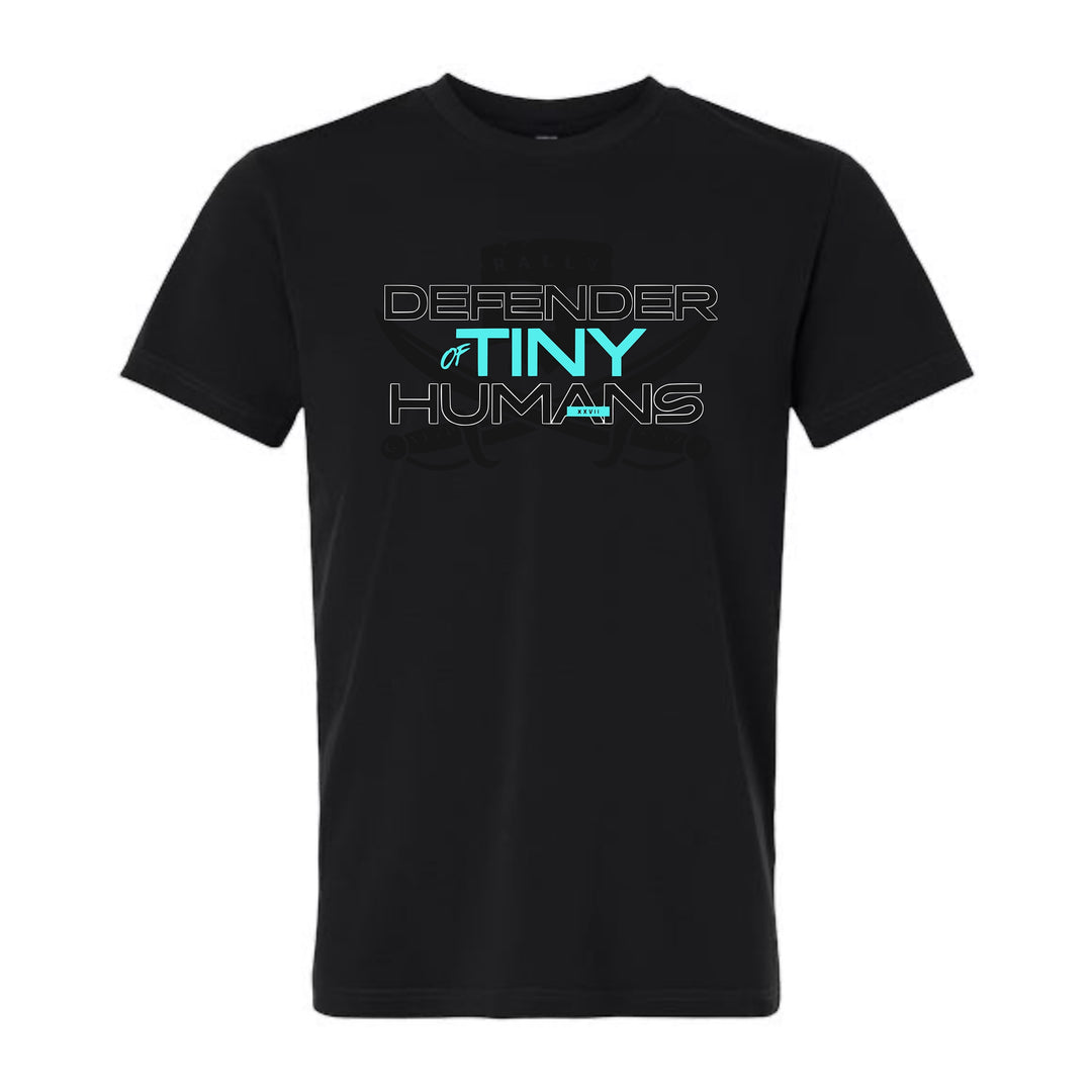 JSD Apparel black triblend t-shirt with Defender of Tiny Humans graphic in white and blue text