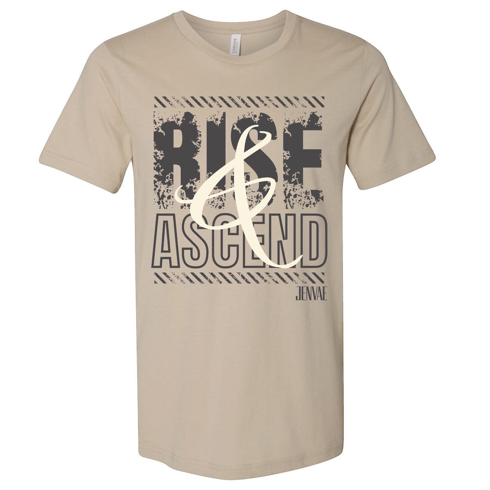 JSD Apparel unisex desert sand cotton t-shirt with distressed Rise & Ascend graphic print and sage ampersand