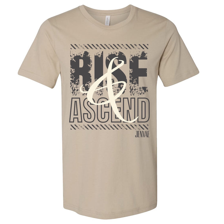 JSD Apparel unisex desert sand cotton t-shirt with distressed Rise & Ascend graphic print and sage ampersand
