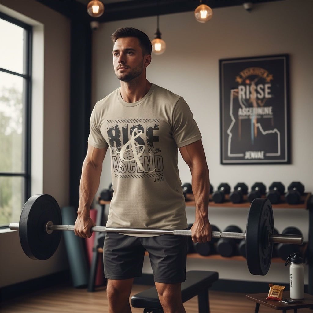 JSD Apparel desert sand unisex cotton t-shirt with Rise & Ascend graphic worn by a man lifting a barbell in a gym.