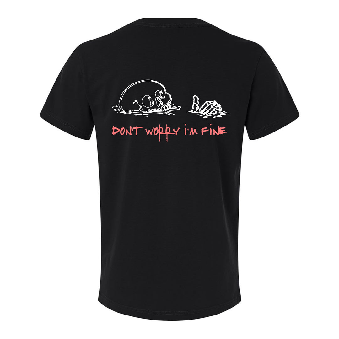 JSD Apparel black unisex premium tee featuring a white skull graphic and Don't Worry I'm Fine text on the back