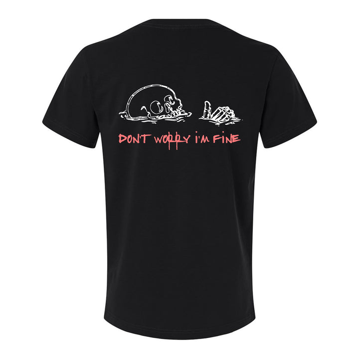 JSD Apparel black unisex premium tee featuring a white skull graphic and Don't Worry I'm Fine text on the back