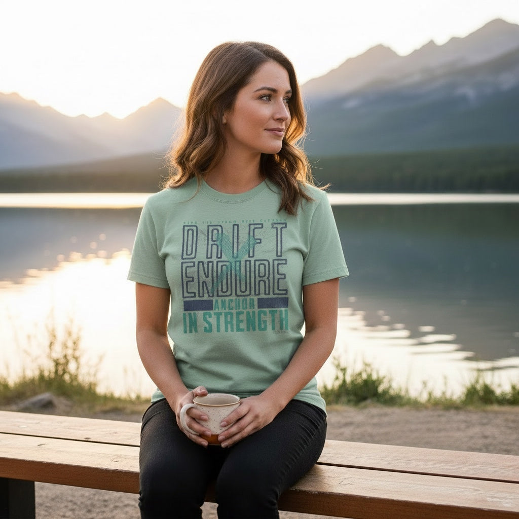 Woman wearing a sage green JSD Apparel cotton t-shirt with Drift & Endure graphic by a mountain lake at sunset.