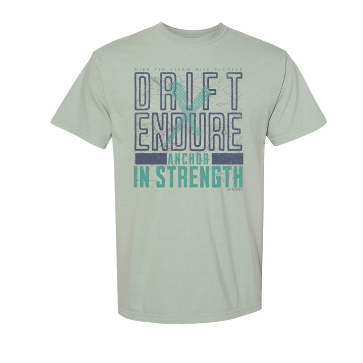 JSD Apparel sage green unisex cotton t-shirt with Drift & Endure graphic print and nautical-themed text.