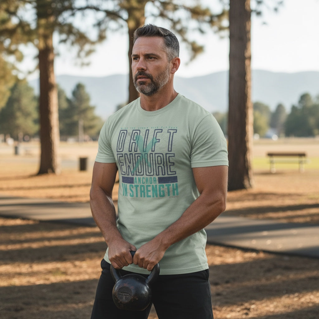 Man wearing a sage green JSD Apparel Drift & Endure cotton t-shirt with graphic print while holding a kettlebell.