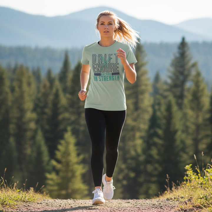 Woman jogging in a sage green JSD Apparel cotton t-shirt with Drift & Endure graphic on a mountain trail.
