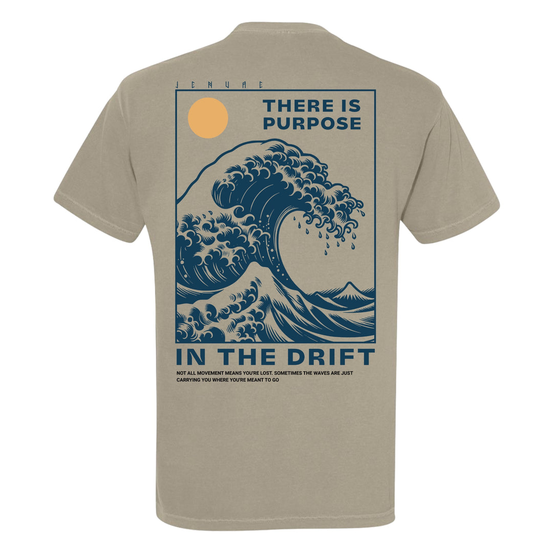 JSD Apparel sandstone heavyweight cotton t-shirt featuring a large blue wave graphic and quote on the back.