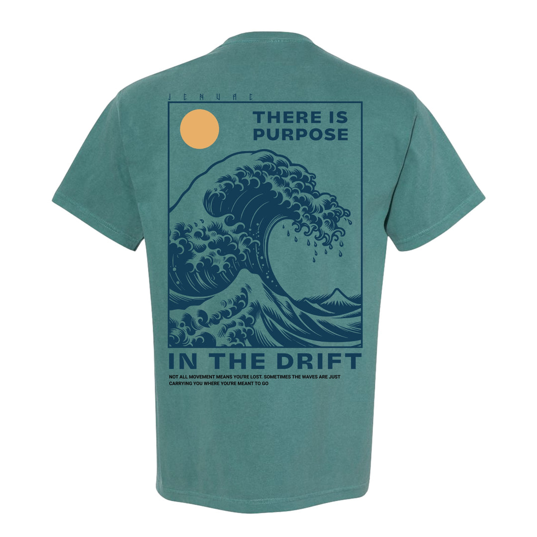 JSD Apparel seafoam heavyweight cotton t-shirt featuring a large back graphic of a wave, sun, and inspirational text.