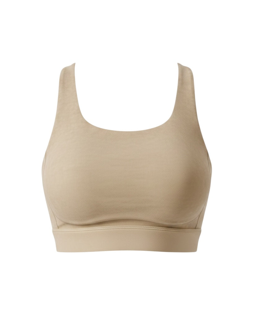 JSD Apparel Jenvae longline sports bra in driftwood beige with a scoop neckline and smooth performance fabric.