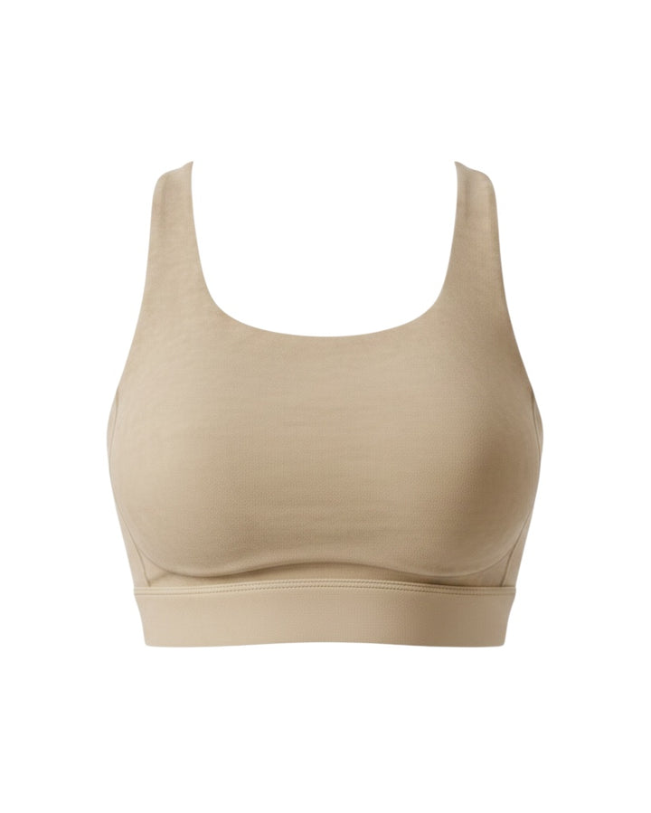 JSD Apparel Jenvae longline sports bra in driftwood beige with a scoop neckline and smooth performance fabric.