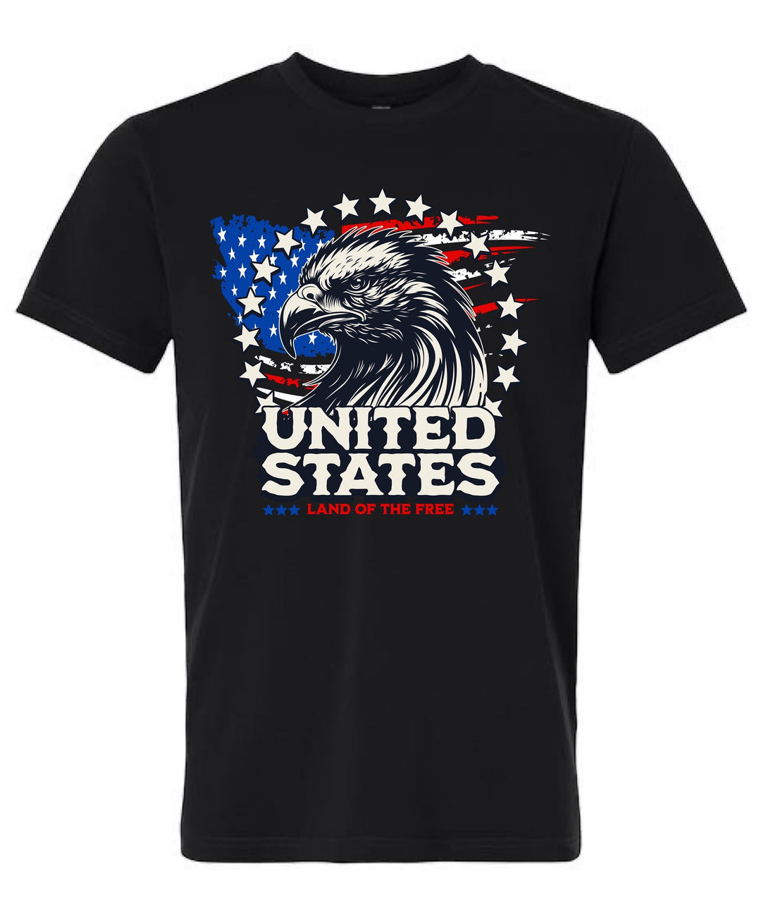 JSD Apparel black t-shirt with patriotic bald eagle, distressed American flag, and United States graphic print.