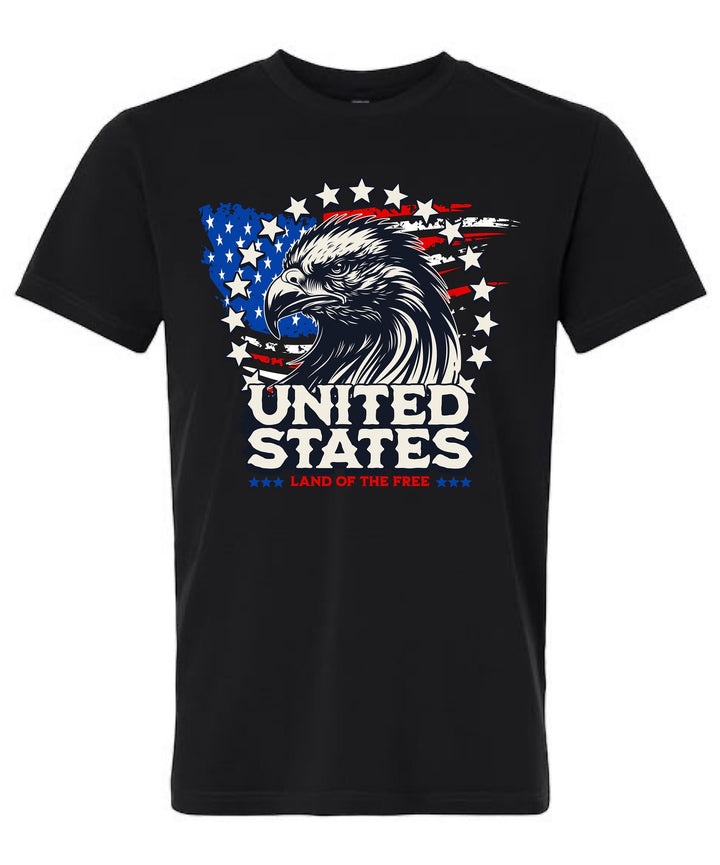 JSD Apparel black t-shirt with patriotic bald eagle, distressed American flag, and United States graphic print.