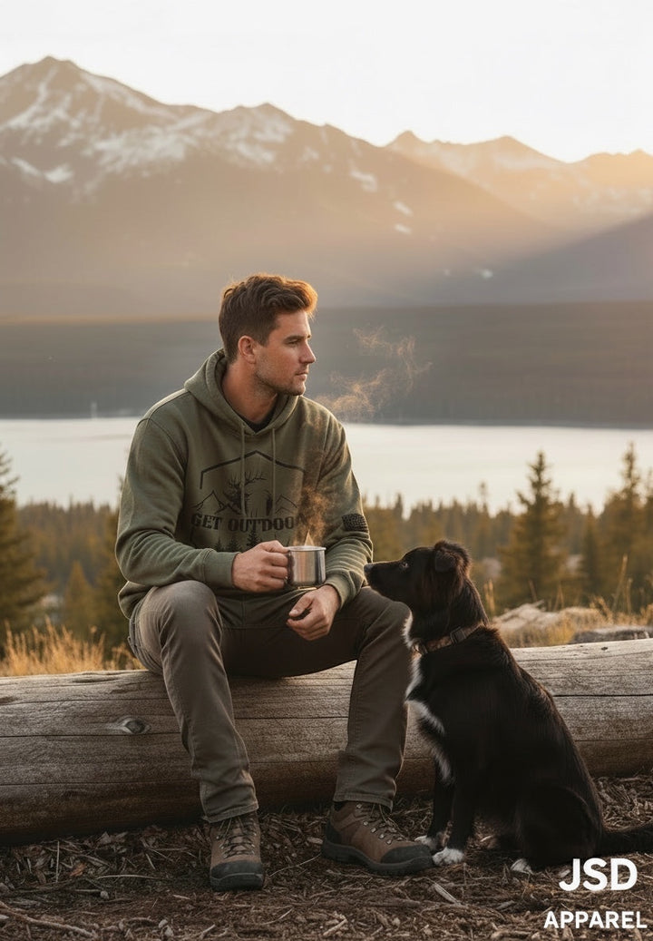 Man in olive JSD Apparel Get Outdoors Elk unisex fleece hoodie sitting on a log with his dog at sunset.