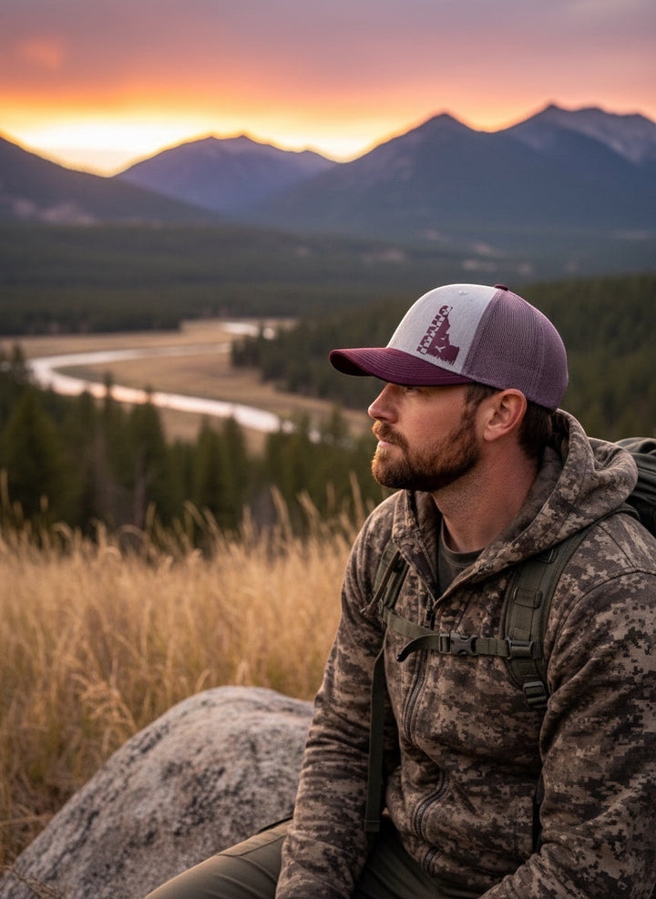 JSD Apparel Flyway Idaho Trucker hat, heather gray front with burgundy mesh back and Idaho silhouette graphic.